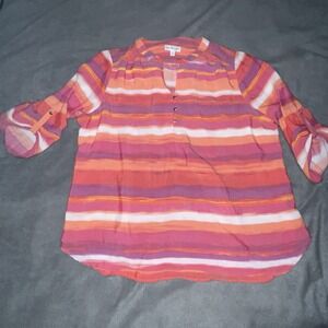 Kim Rogers‎ Plus 2X Blouse Top 3/4 Length Sleeve Pink/Coral Striped Lightweight